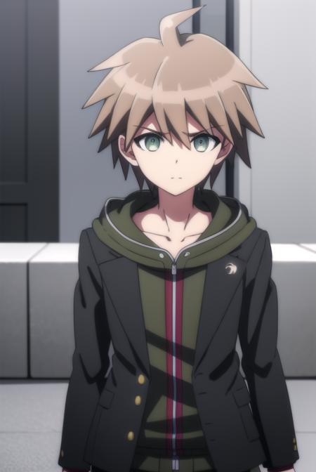 makotonaegi, <lora:makoto naegi s1-lora-nochekaiser:1>,
makoto naegi, short hair, bangs, brown hair, hair between eyes, (brown eyes:1.3), ahoge, male focus,
BREAK long sleeves, collarbone, jacket, black jacket, hoodie, hood down, green hoodie,
BREAK outdoors, classroom,
BREAK looking at viewer, (cowboy shot:1.5),
BREAK <lyco:GoodHands-beta2:1>, (masterpiece:1.2), best quality, high resolution, unity 8k wallpaper, (illustration:0.8), (beautiful detailed eyes:1.6), extremely detailed face, perfect lighting, extremely detailed CG, (perfect hands, perfect anatomy),