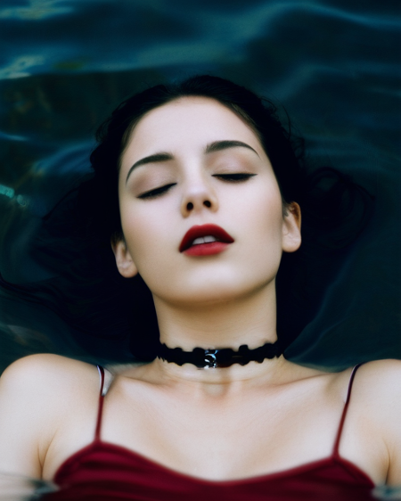 (seductive:1.1) (21.3) year old (woman:1.1) (lying:1.1) in clear shallow water,(dark:1.2) wavy hair. (She is wearing a BDSM (red choker:1.1) She is (sensual:1.4) and (glistening:1.2). The scene is shot with (Kodakportra1600:1.1) (filmgrain:1.1) (Analogcamera:1.1) (Sharpdetails:1.1) (50mm:1.1)