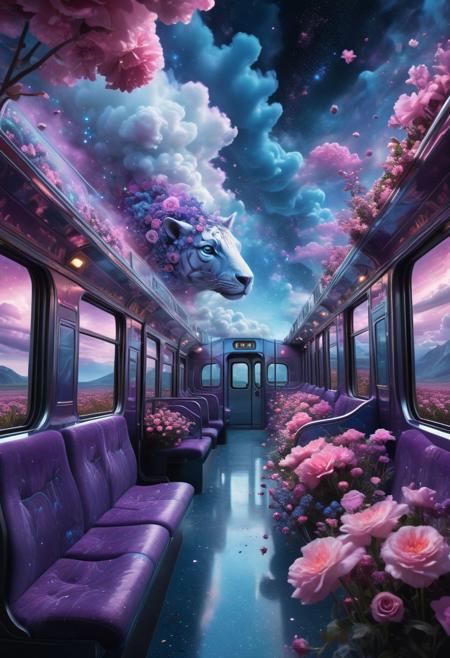 Hyperrealistic train detailed with blooming flowers, ethereal cloud animals with shimmering outlines, passengers gazing in awe, vast sky with swirling galaxies, cosmic colors (purples, blues, pinks), dramatic lighting, mystical atmosphere