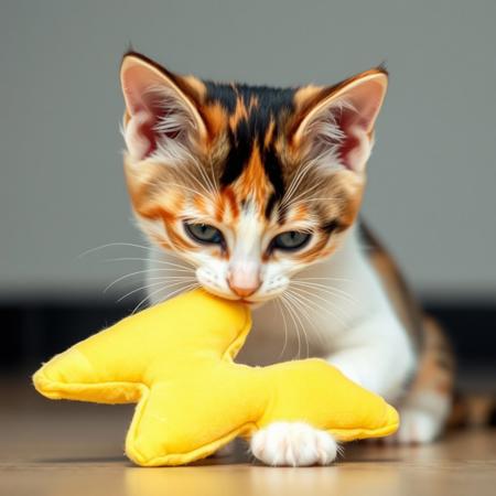a sleek big calico kitten is eating a yellow lightning bolt shaped plush, ripping it apart
