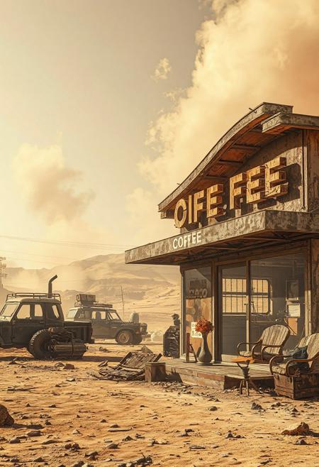 An exterior view of a futuristic, destroyed, lonely coffee shop, post apocalyptic barren planet, dry and dusty, parched surface, hot windy atmosphere, dust blowing, smoke, rising in the background, broken glass, decay, wrecked vehicles, science fiction