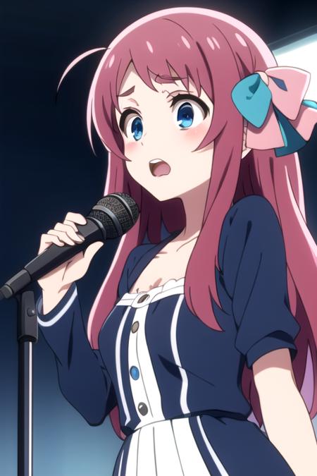 absurdres,  red eyes, upper body, dress, singing,holding microphone, pink hair, hair ribbon,  blue eyes ,<lora:SakuraMinamotoR4:0.7>,SakuraMinamotoR4, scenery,