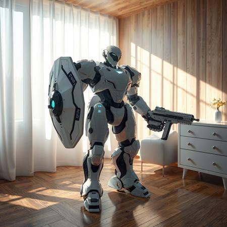 "A futuristic Machine King Prototype robot in a cozy Mystic Mine room: sleek white armor with black circuit-like accents, holding a shield (left) and plasma gun (right). Soft sunlight filters through white curtains onto wooden floors and a minimalist dresser, contrasting the robot’s tech-aesthetic. Hyper-detailed textures: glossy carbon fiber, glowing energy cores, and matte-white surfaces. Stylized with Studio Ghibli whimsy and Blade Runner futurism. Rendered in Unreal Engine 5 realism, Octane Render gloss, and Dutch angle composition. Color palette: warm wood tones, stark whites, and neon-blue energy accents. Background features faint holographic interfaces and floating dust motes. Trending on ArtStation, 8K HDR, golden ratio framing. Tags: retro-futuristic harmony, human-robot coexistence, hyperdetailed mecha, cinematic depth-of-field, soft ambient lighting."