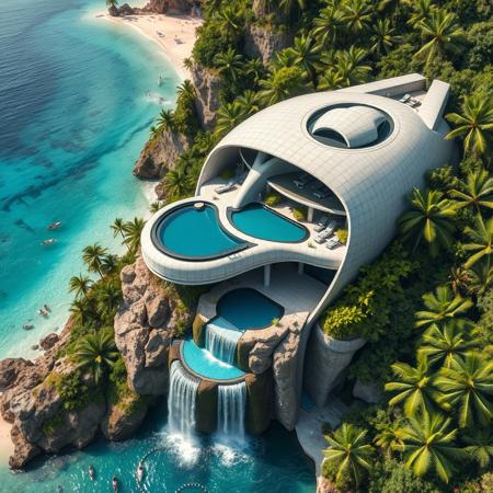 aerial view, A futuristic concrete modern house in a shape of a space ship with swimigpool on a waterfall inspired from a famous architect, with exotic luxuriant vegetation around, in a tropical jungle setting, near a beach, photorealistic, a masterpiece, 4K, high details, view from close, wide lenses camera