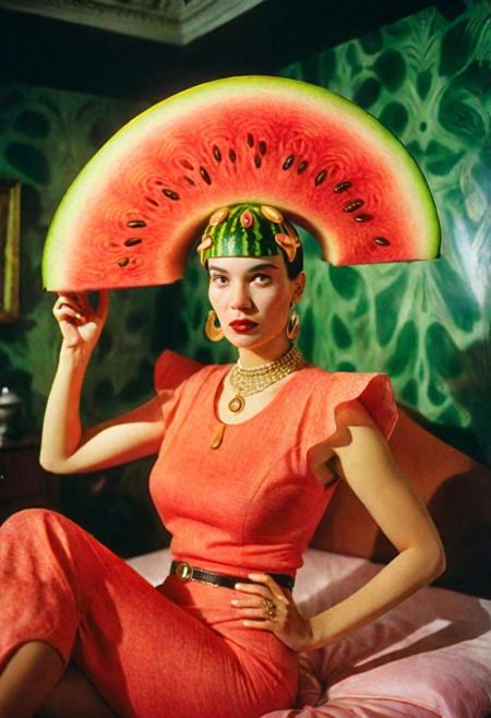 A 3d stereoscopic color photograph, in the bedroom of grand watermelon house, A large four-poster bed made of Polyacrylic resin watermelon adorned with intricate engravings and topped with plush velvet
wearing flash gordon inspired clothing,  with art nouveau inspired accessories,  a woman made of plastic, and a watermelon on her head, Leica M3, film grain, texture, dramatic cinematic lighting, 1930s Brazilian art deco retrofuturism
