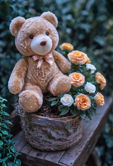 5tuffed_t0y_5h0p,teddy bear, masterpiece,perfect quality,best quality,amazing quality,absolutely eye-catching,  filled with plush toys of various sizes, palette of pink, yellow, orange, brown,white, decorative plants, potted rose,