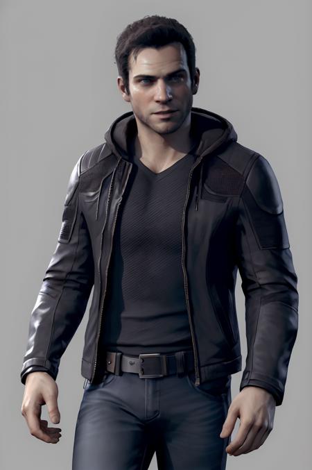 (RAW photo), concept art, <lora:gavreedtest:0.6>, gavinreed, male focus, gray background, jacket, jeans