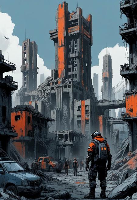 - A dystopian cityscape with towering ruins and high-tech structures
- Characters in rugged, utilitarian clothing with futuristic armor and gear
- A color scheme that uses cool blues and greys for the tech, warm oranges and reds for the human elements
- A technique that combines digital rendering with hand-drawn elements
- Themes of survival and adaptation in a harsh new world
- A palette that uses muted tones with occasional bright highlights
- A composition that leads the eye through the scene, highlighting key elements
illustration