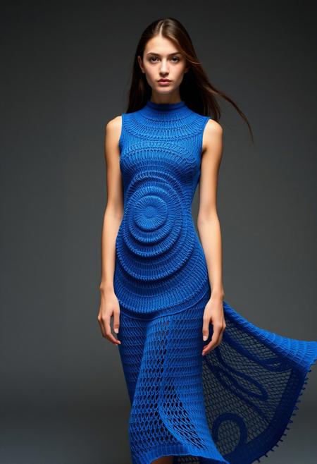 (nubile young woman:1.3), wearing (blue spirograph-knit dress:1.6), (graceful spiral composition:1.5), (interwoven spirals forming layered fabric:1.4), (densely knit at core:1.4), (breathable edges with subtle skin reveal:1.2), (flowing, modest design:1.3), (smooth gradient from center to hem), (light fabric motion in wind:1.2), (structured elegance:1.4), (soft highlights on fabric curves), (minimal accessories), (gallery setting), (organic symmetry in spiral layout:1.2), (bulkiness or heaviness:-1.5), (disproportionate structure:-1.4), (blurry details:-1.3), (grayish tones:-1.2), (flat textures:-1.2), (photorealism:-1.5)