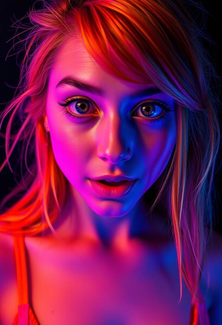 girl, sexy 18yo girl, (((Mesmerizing close-up face portrait, bathed in vibrant neon lighting, high contrast, colourful details))), (1/2 profile shot), surprised|happy facial expression, eye bulge, skinny|petite feminine frame, Striking contrast between cool purple and warm orange across face, Piercing detailed eyes with multicolored reflections, framed by dramatic lashes, long messy hair with streaks of hot orange and electric blue, black background, sharp subject focus, cleavage, (large perky breasts, skimpy clothing), casual sleeveless shirt, blushing, colourful particles