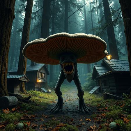(masterpiece sci-fi dark gritty hyperrealisitic security cam footage 8k)  fungi happy capibara zombie thing attacking a cozy perfect forest town, atmospheric lighting, dappled light forest