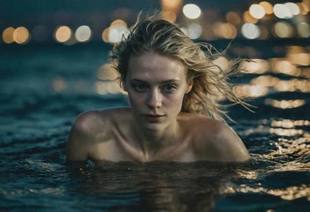 35mm photo, swimming in the middle of the ocean , dark night , view above, body detail view ,  blonde hair, photo of 25 yo woman, pale skin, white skin, nude, bokeh, motion blur, full body view,  intricate details, masterpiece, moles, realistic, dark style, best quality, beautiful, highly detailed, 8K, head tilt,