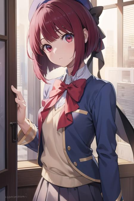 kanaarima, <lyco:kanaarima-lyco-nochekaiser:1>,
kana arima, bob cut, (red eyes:1.5), red hair, short hair,
BREAK beret, blue headwear, blue jacket, blue vest, hat, jacket, pantyhose, ribbon, school uniform, skirt, vest, youtou high school uniform,
BREAK looking at viewer,
BREAK indoors, classroom,
BREAK <lyco:GoodHands-beta2:1>, (masterpiece:1.2), best quality, high resolution, unity 8k wallpaper, (illustration:0.8), (beautiful detailed eyes:1.6), extremely detailed face, perfect lighting, extremely detailed CG, (perfect hands, perfect anatomy),