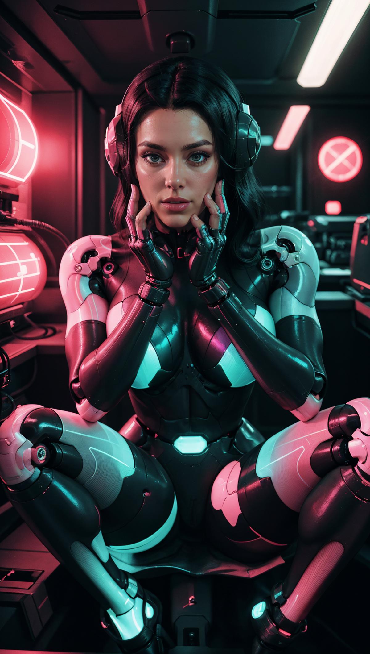 Woman wearing a futuristic costume or cyborg suit.
