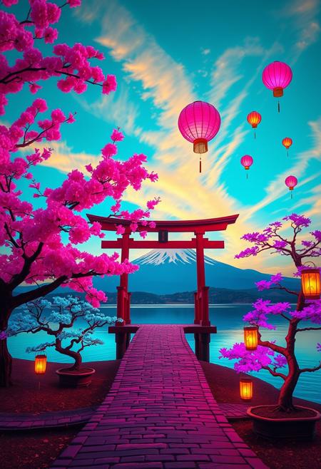A surreal Japanese landscape photograph, at twilight, vibrant cherry blossom trees with glowing neon pink petals, their branches stretching across a turquoise sky streaked with golden clouds. A winding cobblestone path leads to a traditional torii gate that seems to float above a mirror-like lake reflecting the psychedelic sky. Bonsai trees with leaves in impossible colors of electric blue and vivid purple dot the shoreline. In the distance, Mount Fuji looms, its snow-capped peak shimmering with iridescent hues. Glowing paper lanterns in shapes of mythical creatures drift lazily through the air. The scene is bathed in an otherworldly light, blending traditional Japanese elements with a dreamlike, hyper-colorful aesthetic. Highly detailed, ultra high resolution, studio quality lighting, cinematic composition.