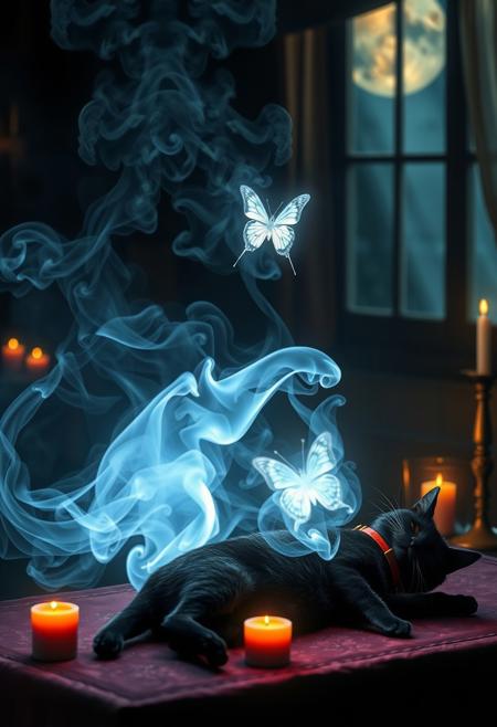 A mesmerizing image of ethereal smoke, illuminated by a heavenly glow, elegantly forming the silhouette of a lifelike cat. The smoke cat extends its paw, reaching toward a glowing, translucent butterfly, its core radiating with an otherworldly light. The smoke cat is positioned on a table beside the lifeless body of a black cat wearing a red collar, creating a poignant and mystical scene. The balance of smoke density and airiness gives an uncanny realism to the apparition.
The background unveils an enchanted, dimly lit space—candles flicker, incense burns, and moonlight streams through a nearby window, casting a dreamlike glow. The fusion of hyper-realistic 3D rendering, painterly textures, photographic realism, and illustrative vibrancy results in a visually striking masterpiece.