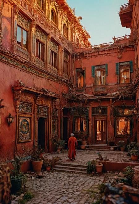 A lone figure, races minglingto a brutalist house in marrakech, and towering masted ships.  A bold color palette of rich reds,  fantastical, film design, Leica smoldering accent and (shiny gold color scheme:1.02). (miniature,diorama,no_realistic photography style), light grain, In this bizarre landscape, one altered element can send the entire scene careening into chaos .film photography style, heavy grain