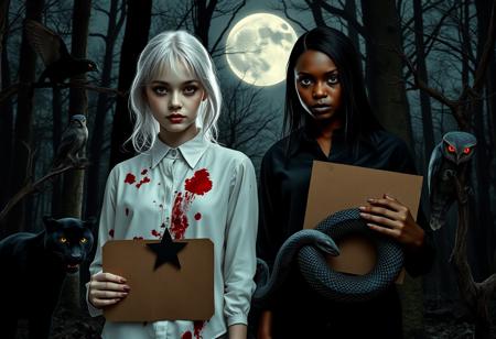 In a moonlit forest clearing, two young women in their early twenties stand in eerie contrast. One girl, with silver-white hair and a ghostly pale complexion, wears a white blouse stained with dark red splotches. A simple black five-pointed star adorns her chest, and her eyes glow with a faint but unsettling crimson light, adding an otherworldly calm to her presence.
The second girl contrasts sharply: she has jet-black hair and deep tan skin, her dark blouse also blood-stained but blending with the shadows. Her black star is barely visible, and her intense crimson eyes shine with a piercing alertness.
Encircling them are twelve wild animals, enhancing the surreal atmosphere. A black panther, almost invisible in the darkness, watches with glowing red eyes. Two owls, perched on shadowy branches, blink their crimson eyes slowly. A large snake, with shimmering blue-black scales, coils around a gnarled branch, its gaze menacing.
Both girls hold worn cardboard signs that read, ‘We Come in Peace,’ scrawled in crude black marker. The signs, stark against the night, create a jarring contrast. Moonlight casts long, shifting shadows on the forest floor, amplifying the haunting and surreal quality of the scene