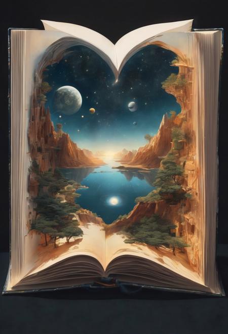 Hyperreal digital art style, sci-fi, space exploration world coming out of centered book, open book, hyperdetailed double exposure fantasy illustration, masterpiece, cinematic, by Andreas Lie, Luke Gram, photorealism, backlit, gorgeous light