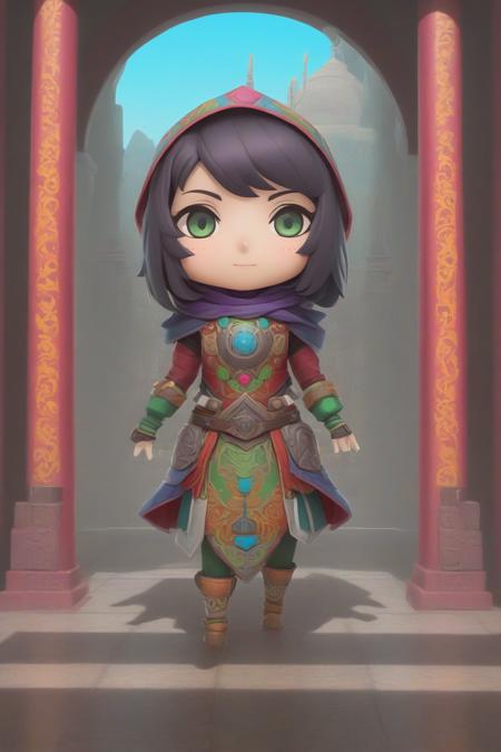 1girl, solo, cute rogue <lora:nendoroid:1>, colorful, vivid, temple, detailed background, masterpiece, best quality, high quality, absurdres