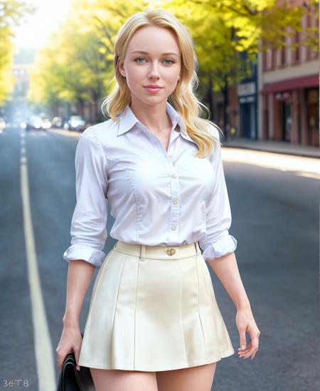 a photo of a (na0mi-watts-t2), standing on a street, sunlight, soft light, (blouse), (skirt), ((knee high boots)) medium breasts, open smile, (beautiful face), (blonde hair), (8k, RAW photo, highest quality, best quality, masterpiece, ultra-detailed, hires, absurdres), (photorealistic, hyper-realistic),