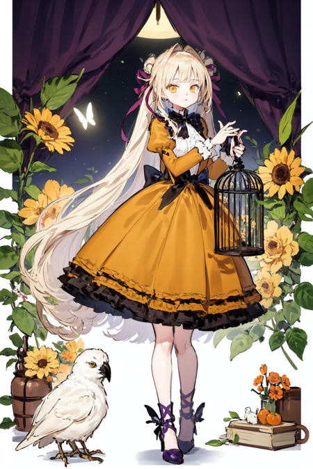 best quality, masterpiece, extremely detailed, detailed background, best quality, masterpiece, extremely detailed, detailed background, 1girl, dress, flower, blonde hair, yellow dress, long hair, hair rings, solo, white background, twintails, cage, ribbon, yellow flower, puffy sleeves, purple ribbon, rose, birdcage, purple footwear, bug, bird, white flower, very long hair, long sleeves, yellow eyes, butterfly, purple bow, purple flower, curtains, bow, simple background, dress bow, standing, holding, black footwear, hair ribbon, full body, high heels, frills, bangs, shoes, plant, frilled dress, orange flower, looking at viewer, juliet sleeves