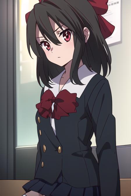 setsunakiyoura, <lora:setsunakiyoura-lora-nochekaiser:1>,
setsuna kiyoura, black hair, (red eyes:1.5), hair bow, red bow,
BREAK skirt, thighhighs, bow, school uniform, pleated skirt, shoes, black thighhighs, zettai ryouiki,
BREAK looking at viewer,
BREAK indoors, classroom,
BREAK <lora:GoodHands-vanilla:1>, (masterpiece:1.2), best quality, high resolution, unity 8k wallpaper, (illustration:0.8), (beautiful detailed eyes:1.6), extremely detailed face, perfect lighting, extremely detailed CG, (perfect hands, perfect anatomy),