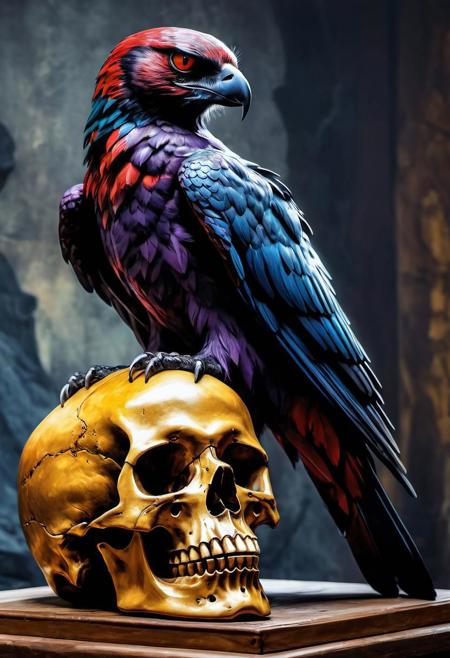 raven monster sitting on human skull, illustration, tumblr, blacksad, photo by pinterest, side view, mark davis, deathskin, remains, Gabriele Delotto Style, AI Midjourney, Vivid Saturated Colors, Watercolor, Oil Paints, HDR, 500px, 4k,