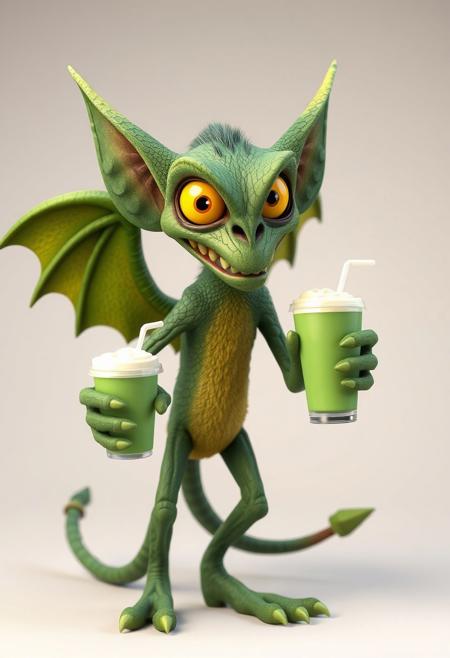 Clay Animation - a pixar style 3d animated green character called a jabberwock, angry, fierce, scary, big yellow eyes, wings, scales. long ears. long sharp teeth. at least ten feet tall with a simian like build, almost like a lemur. Its limbs are long and elongated and slender, 3 long fingers and claws. with a pointed end long tail ending, standing on two toes with a dewclaw/thumb. looking at camera over a simple background. holding a green frappucino