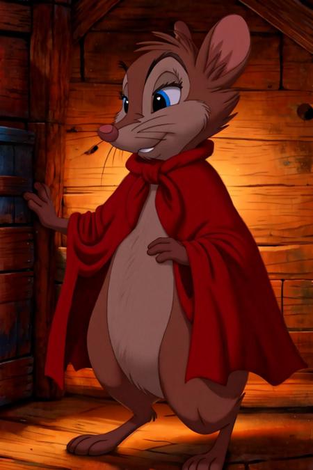 masterpiece, best quality, absurd res, maximum detail, intricate detail, atmospheric lighting, UHD, 8K, highly detailed facial features, highly detailed background, (furry, anthro, detailed fur, fur), BREAK, mrsbrisby, the secret of nimh, brisbycloak, standing, <lora:MrsBrisby-v1-000435:0.6>