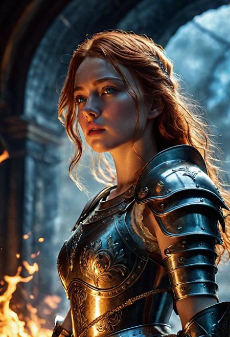 High resolution ultra-realistic of Beautiful Warrior Sadie Sink as Joan of Arc, 8k, capturing the intensity of the moment, cinematic lighting, standing on a bloody and stormy battlefield in bloody battle, wavy red hair, realistic dirty pale face, realistic blue eyes,  beautiful hourglass figure, burning in a medieval Town, intricately designed iron and silver armor, Dark Ages Aesthetic, perfect athletic figure, beautiful Warrior Joan of Arc, fire, ultra realistic, cinematic style, vigorous and seductive, athletic figure, dark fantasy, dramatic lighting, wet and sweaty skin, dirty skin, athletic figure, dark fantasy, dramatic lighting, Greg Rutkowski style,, Warrior Joan of Arc on in iron armor, hyper-detailed, hyper-realistic, bright colours, Attractive 21 old years girl, Attractive, beautiful firm Breasts, sharp focus, digital painting, Photograph Taken on Nikon D750, Alphonse Mucha, 8K, athletic figure, Hyperdetailed, hyperrealism, Attractive, Attractive bust girl, asymmetric balance
