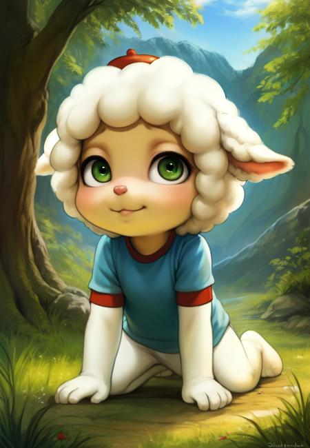 CloudMarshmallowTimesII, red beret hat, elbow-length T-shirt, green eyes, Blue T-shirt with red sleeves, chibi, sheep