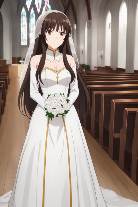 sei, 1girl, solo, long_hair, bangs, brown_hair, brown_eyes, closed_mouth, church, wedding_dress, high_heels, white_theme, standing