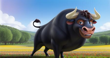 <lora:Ferdinand-08:1.0> , bull, male solo, Ferdinand, standing,  tail, photorealistic, ultrarealistic, 4k, 8k, perfect face, detailed hands,detailed face, smiling, detailed background, flower field background, naked,