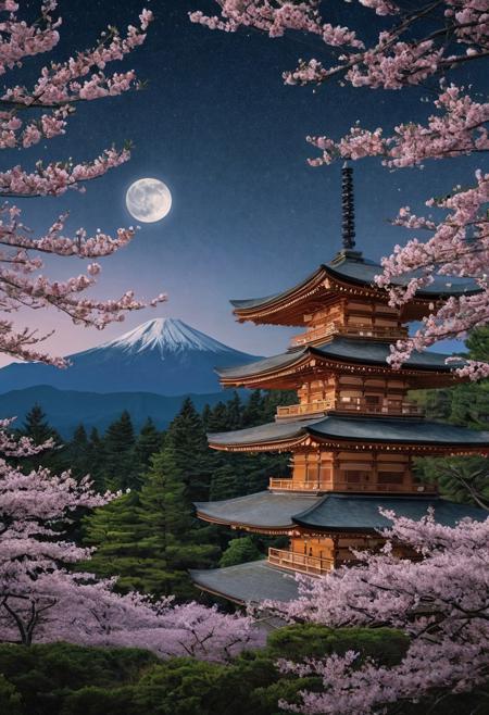 masterpiece, photorealistic, a vast spring forest, distant mountains, japanese pagoda, japanese architecture, japanese forest, cherry blossoms, night sky, serene, peaceful, moonlight, low angle
