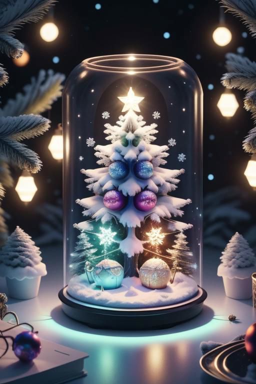 Christmas Tree Ornaments with Snow and Decorative Lights