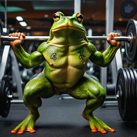 A strong frog with her own image tattooed on chest lifts weights easily in a gym full of other animal bodybuilders,(8k, RAW photo, best quality, Masterpiece:1.2), (realistic, photo-realistic:1.37), full body, exercise background.