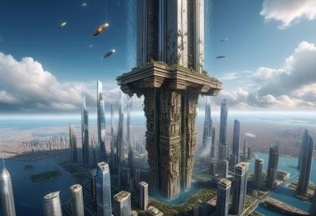 masterpiece, 8k, high quality, ultra detail, ultra realistic, exquisite detail, a large floating city suspended in the air by a large pillar in its center, km high, hundreds of skyscrapers, suspended in space, crashed sky, cinematographic lighting, volumetric lighting, hdr, ssao,