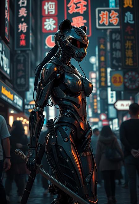 a cyberpunk robot samurai Anthro tiger woman, robot anthropomorphic tiger face with mirrored face shield, robot joints, body made of metals, cables and wires, she has a katana, sheathed at her hip, in a sleek belt holster. she has one hand on the hilt of the weapon, in a cyberpunk city street, walking in a crowd, dim lighting from lots of large overhead neon signs, silhouetted in the gloom.  Perfect Composition, realistic photographic image, RAW photo highest quality, perfect directional lighting, she is looking out at the people in the street around her as if hunting.