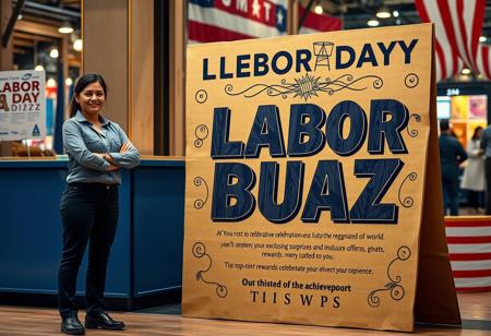 Get ready for an unparalleled Labor Day celebration, where your hard work is recognized with extraordinary rewards. Picture a dynamic scene with a confident female worker standing proudly beside a striking cardboard display titled ‘Labor Day Buzz.’ The sign, adorned with intricate designs and vibrant colors, symbolizes the spirit of the day and the power of labor. The worker, dressed in professional attire, embodies the strength and dedication of all who contribute to our world. As you step into this vibrant atmosphere, you’ll discover exclusive surprises and luxurious offers crafted just for you. Whether you’re looking to unwind or indulge, our top-tier rewards will elevate your Labor Day experience. Celebrate your achievements in style – because this day is a tribute to the labor that drives progress