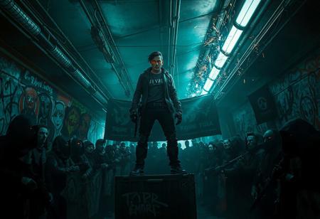 Deep beneath the polished towers of the Neon Empire, in the forgotten alleys and flickering underworld, a rebellion is born.
In a darkened subway terminal painted with holographic graffiti and the ghosts of empire, a lone rebel stands atop a crate, addressing a masked crowd.
Their face glows in the pulsing neon — defiant, scarred, half-cybernetic.
Behind them, banners ripple with anti-empire glyphs.
The crowd is diverse: former soldiers, hacked androids, cloaked data-smugglers, rogue AI priests.
Sparks fly from overhead cables; the city above doesn't know it's already cracking.
Cyberpunk underground resistance, cinematic 8K, tense shadows, neon graffiti, gritty detail, dynamic pose, dark rebellion energy.