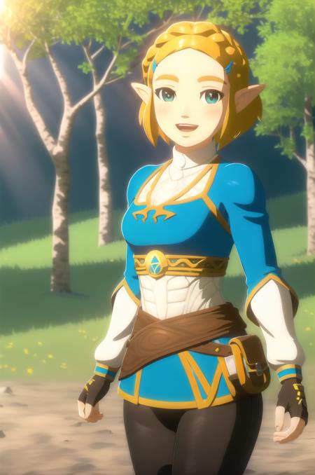 (masterpiece), high quality, (detailed background), 1girl, solo,
<lora:Zelda-v3-07:0.7>, ChopioZelda, blonde hair, green eyes, (looking at viewer:1.3),
mature female, medium breasts,
short hair, crown braid, sidelocks, hairclip,
outfit_1, blue crop top, white undershirt, gold trim, long sleeves, gold chest belt, brown sash, black gloves, fingerless gloves, black pants, brown knee boots,
outdoors, trees, contre-jour, sunny, light rays, lens flare, depth of field, bokeh,
standing, happy, smile, open mouth, (blush:1.2),