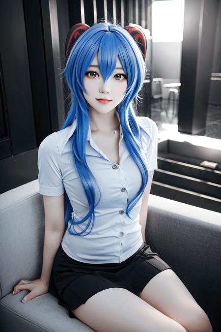 (realistic:1.6),(extremely detailed CG:1.2), (masterpiece:1.2), (best quality:1.2),background,absurdres,real life,(18 year old girl),(small body),((cosplay of ganyu)),ganyu hair,((ganyu horn)),(blue hair:1.3),(cosplay of ganyu:1.4),solo,standing,<lora:thai university-3:1>,((thai university uniform:1.2)),\(white short arm shirt:1.5\) ,(black short skirt:1.4),(sitting in cofee shop), ganyu \(genshin impact\),((shiny skin)),
,(night time:1.3),(beautiful detailed hair),(highly detailed hair),(beautiful detailed eye),(highly detailed eye),(beautiful detailed girl),atmospheric perspective,,(black short skirt),((white shirt:1.35))    ,  <lora:ganyuGenshinImpact_offset:0.75>  <lora:koreanDollLikeness_v10:0.45>,((sharp face))