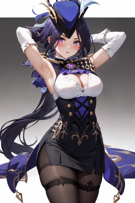 (masterpiece:1.2), (best quality:1.2), (highly detailed:1.2), (absurdres:1.1), giclorinde, 1girl, solo, armpits, arms up, ascot, black skirt, blue capelet, blue headwear, blush, breasts, brown pantyhose, button gap, capelet, cleavage, corset, epaulettes, gloves, hat, large breasts, long hair, looking at viewer, low ponytail, pantyhose, parted bangs, pencil skirt, purple eyes, purple hair, shirt, skirt, sleeveless, thighband pantyhose, thighs, tricorne, vision \(genshin impact\), white gloves, white shirt, <lora:clorinde-08:1>