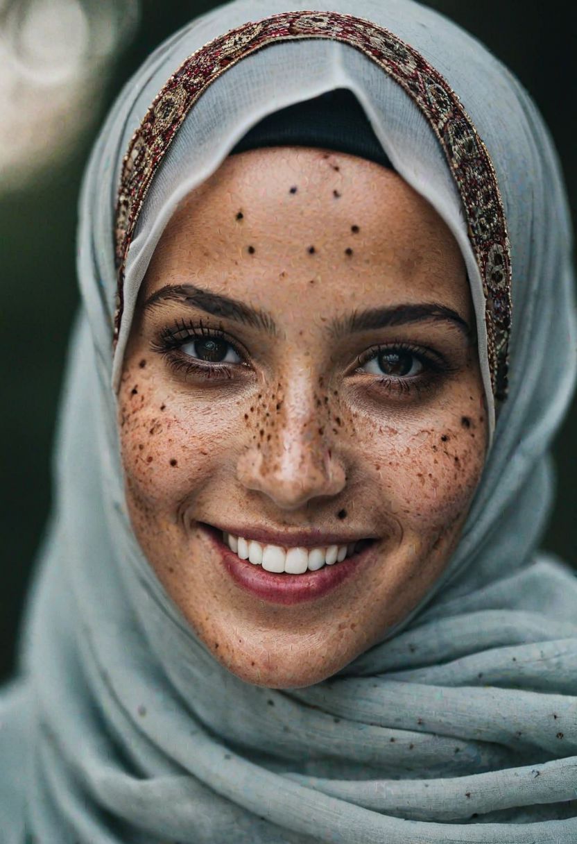Beautiful lady, (freckles), smile, ruby eyes, hijab, dark makeup, hyperdetailed photography, soft light, head and shoulders portrait, cover