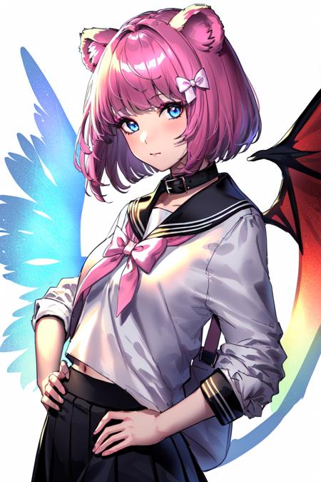 1girl, (hands on hip), solo, pink hair, animal ears, blue eyes, wings, looking at viewer, bangs, short hair, bow, sailor collar, simple background, white sailor collar, hair bow, pink bow, closed mouth, shirt, white shirt, bear ears, bob cut, mini wings, grey background, portrait, detached wings, makeup, upper body, white background