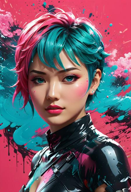 Front 3/4 view cinematic portrait mainstream action anime themed Picture illustration of a
happy ultra-feminine short haired pixie cut side shaved bi-color (hot-pink and hot-cyan) haired 25yo woman modern ninja happily outstretching the hand towards the viewer.
The woman is looking straight to the viewer with charming eyesight, and sensually parted lips.
The cinematic angle put the face in focus while the rest of the image has a slight depth of field effect.
The background looks like an Hawaii beach during summer season, at dusk, projecting very long shadows.
Mainstream action anime symbols, summer items, Japanese kanji ideograms and other elements are scattered all around.
Many details everywhere. Ray-Tracing. Anti-Aliasing. Realistic reflections. Realistic soft shadows. Ironic.
Spiritual.
Partially introspective.
Uplifting.
Slightly desaturated colors. 
Visible paint strokes.  
Insane quality. Insane resolution. Insane details. Masterpiece. 
By Simon Stalenhag.
16k resolution, vibrant neon colors with a surrealistic touch, cosmic swirls and streaks, hyper detailed water color digital painting, ink splatter, splash art by Waterhouse, intricate details, Debbie Boom, Marc Allante, Wadim Kashin, reimagined and restyled by Anton Fadeev, deep color, depth of field, maximalism by Minjae Lee, CGSociety, rich contrast, Behance HD, Photoshop after effects<lora:xl_more_art-full_v1:0.3>