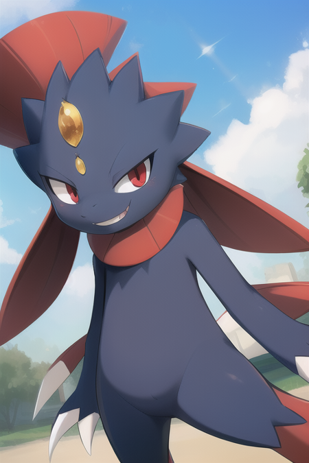 Weavile, bluish fur, orange gem, red eyes, smiling, cute,