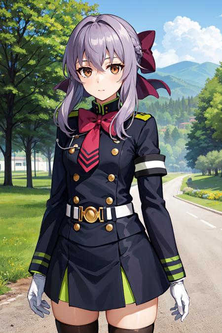 masterpiece, best quality, highres, aashinoa, hair bow, military uniform, red bowtie, long sleeves, armband, white gloves, belt, black thighhighs, <lora:hiiragi_shinoa_v1:0.7>, standing, cowboy shot, outdoors