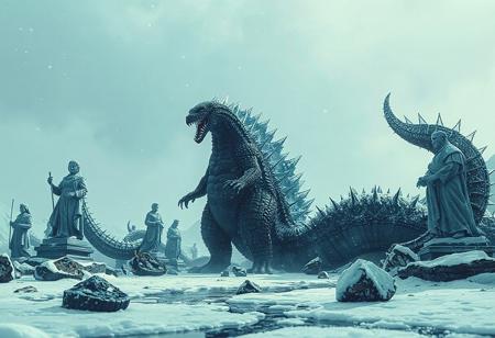 Create a highly detailed, 4K illustration of a Medusa Worm-inspired Godzilla, standing in a winter landscape with glittering ice and black slime, chemrail, and thin spikes. The model should embody greed and have a long, plump form, with several broken statues surrounding it. Use a monochrome 3D model for the main figure, with a pop of color in the eyes, clothes, and chemrail. Incorporate vivid emotions, sharp lines, and harmonious colors to bring the scene to life. Use Octane Render, Unreal Engine 5, and a dynamic action pose to enhance the visual appeal, and draw inspiration from artists such as Alphonse Mucha, Artgerm, Greg Rutkowski, and WLOP. Ensure the final piece features a powerful message, stunning colors, and captivating lighting to make it trending on ArtStation and CGSociety.scopophobia